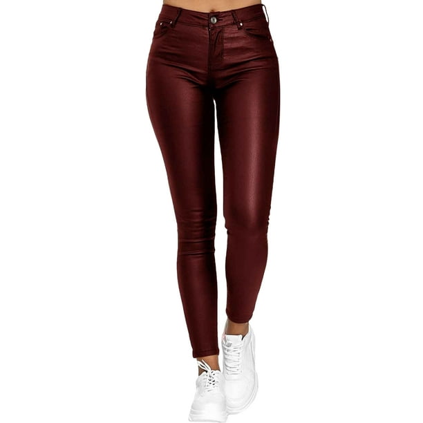 MAWCLOS Ladies Skinny Tummy Control Faux Leather Pant Holiday Velvet  Leggings Brown S 