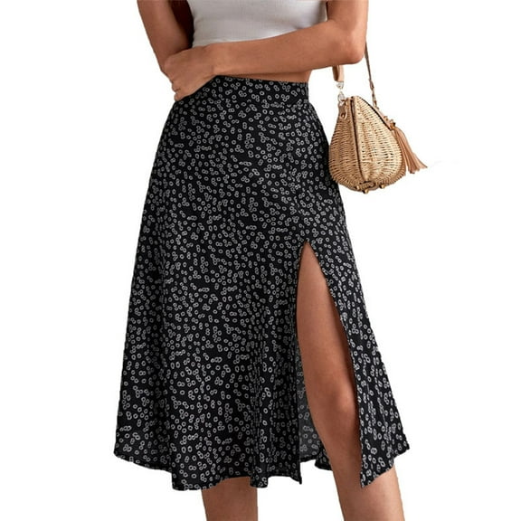 Musuos Women's A-line Midi Skirts Bohemian Floral Print High Waist Split Skirts Summer Casual Long Skirts