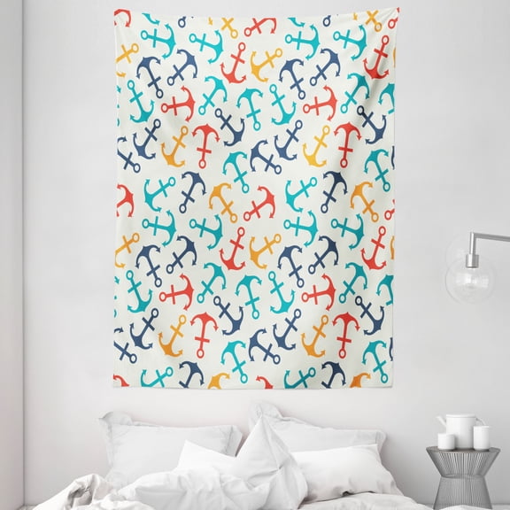 Anchor Tapestry, Anchor Shape in Lines Tropics Getaway Ship Cruise Transport Repeating Tile, Wall Hanging for Bedroom Living Room Dorm Decor, 60W X 80L Inches, Beige Multicolor, by Ambesonne