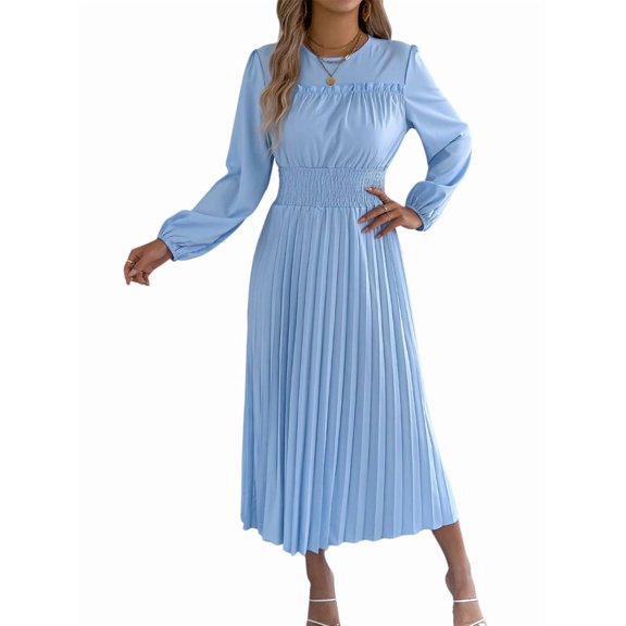 Jaimenalin Womens Elegant Ruffled Long Sleeve Shirred Waist Pleated Maxi Dress for Women Flowy Bohemian Gown Light M