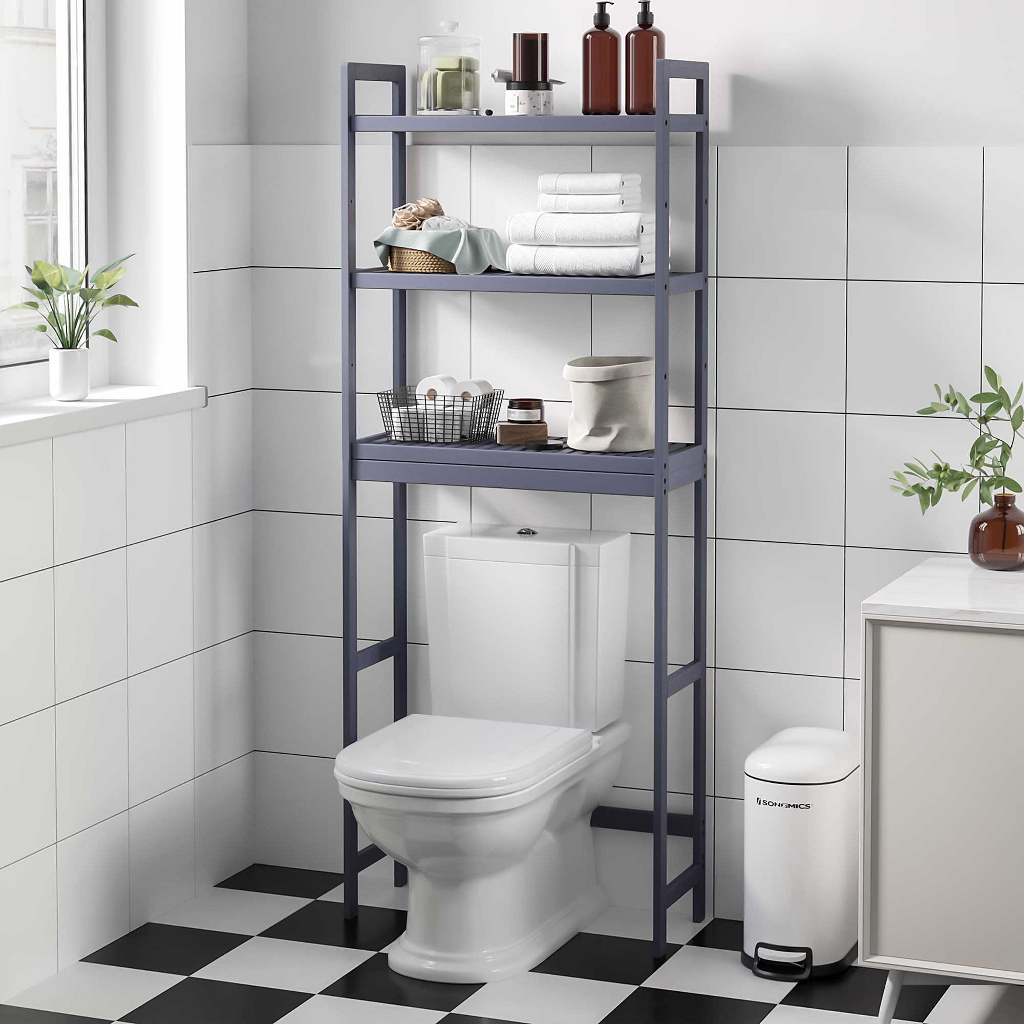 Over The Toilet Storage Bamboo 3-Tier Over-The-Toilet Space Saver Organizer Rack Stable Freestanding Above Toilet Stand for Bathroom Restroom Laundry