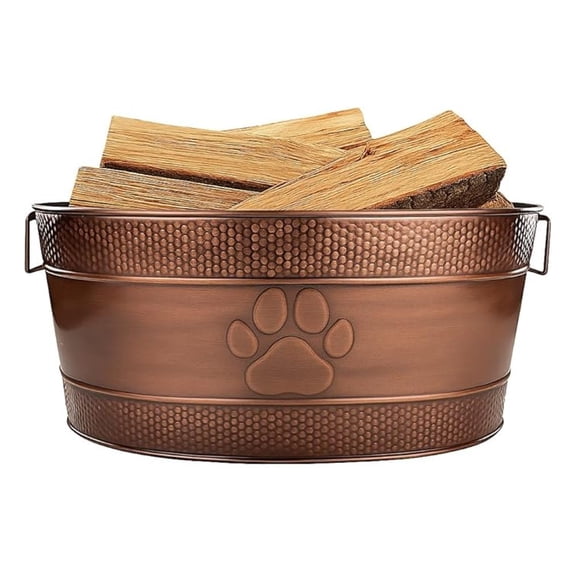 Firewood Storage Tub 25 Quart - Galvanized Steel Log Holder with Handles, Indoor Outdoor Fireplace Accessories, Rustic Home Decor - Bronze Paw