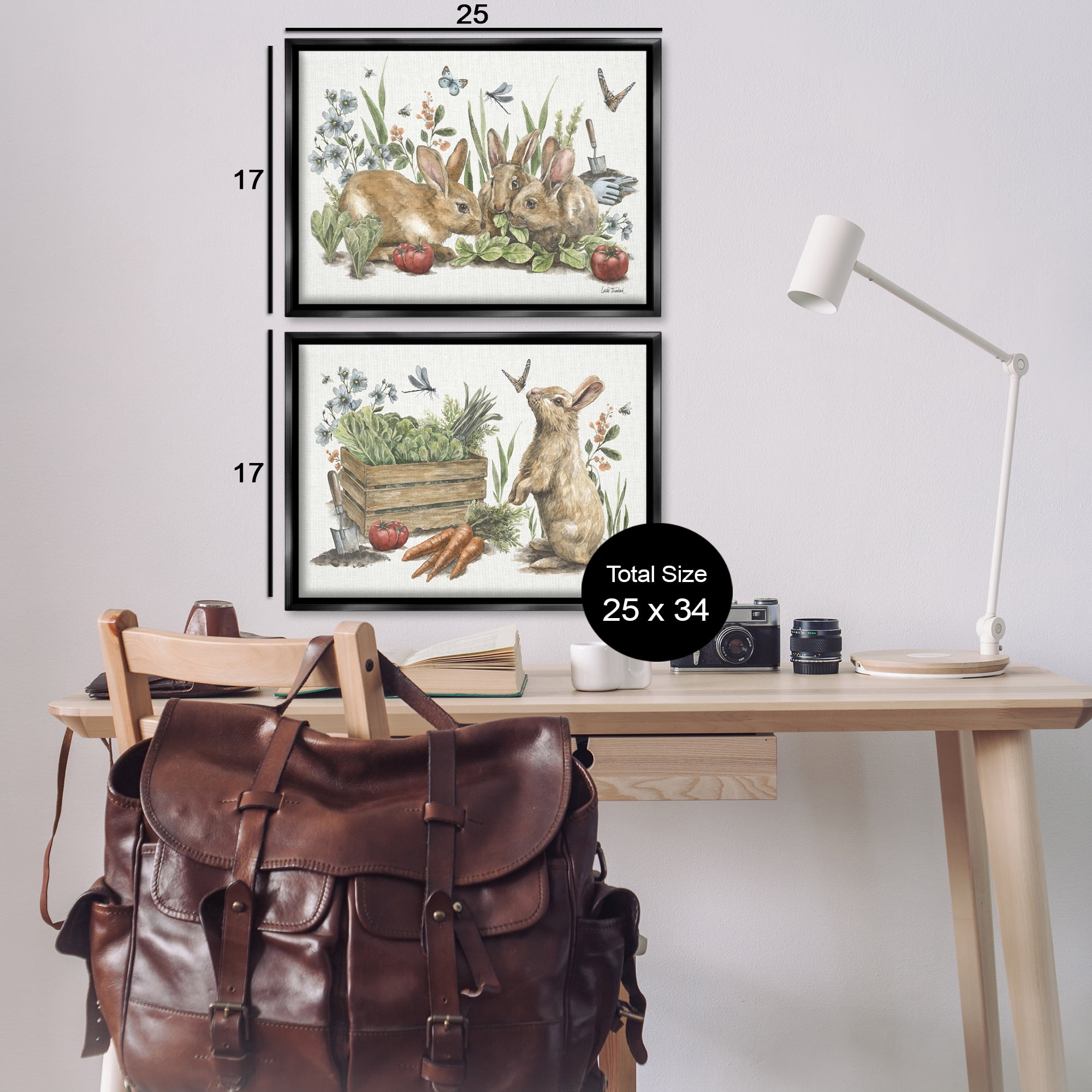 Stupell Industries Rabbit Vegetable Garden Party Animals Painting Black Floater Framed Canvas Art Print Wall Art, 25 x 17, Set of 2