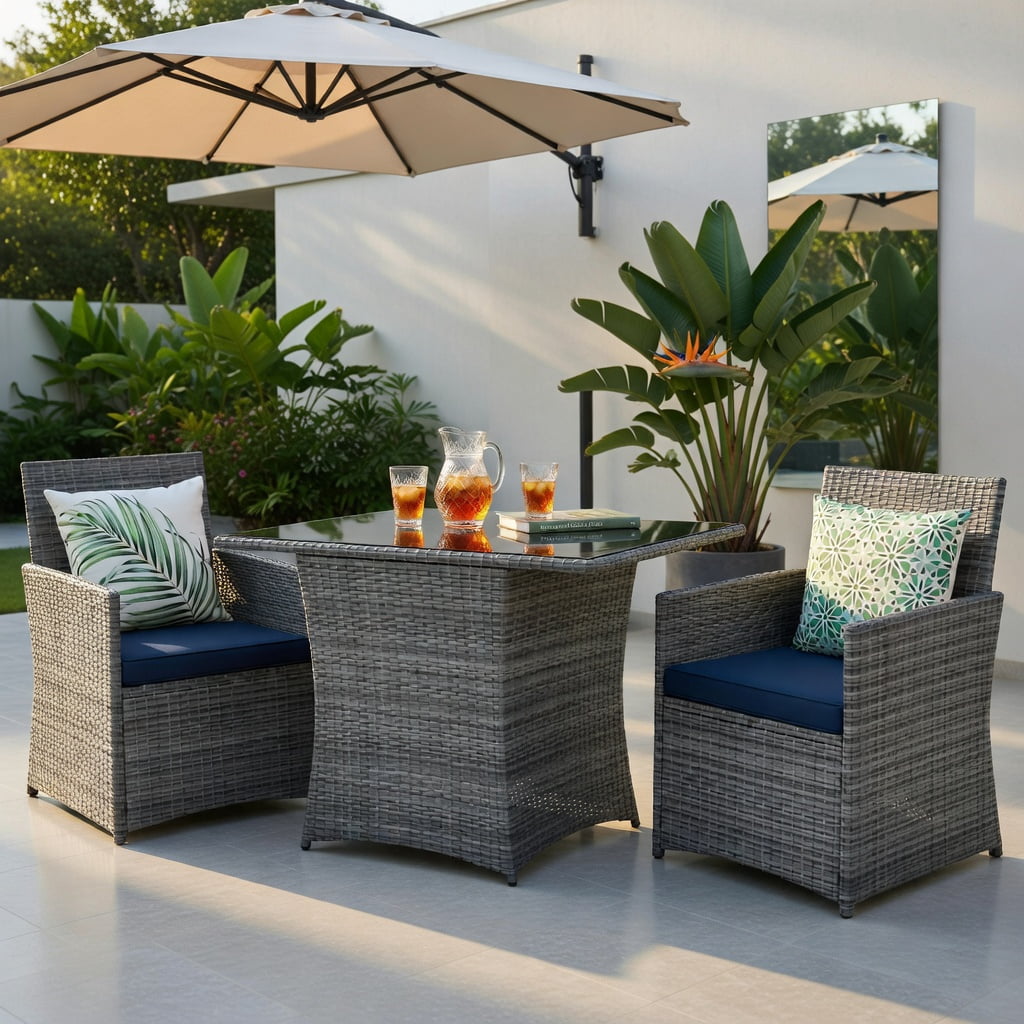 Hommoo 3-Piece Outdoor Rattan Patio Furniture Set, Steel Frame Sofa Chairs with Tempered Glass Table and Removable Cushions for Porch, Balcony, Garden, Navy