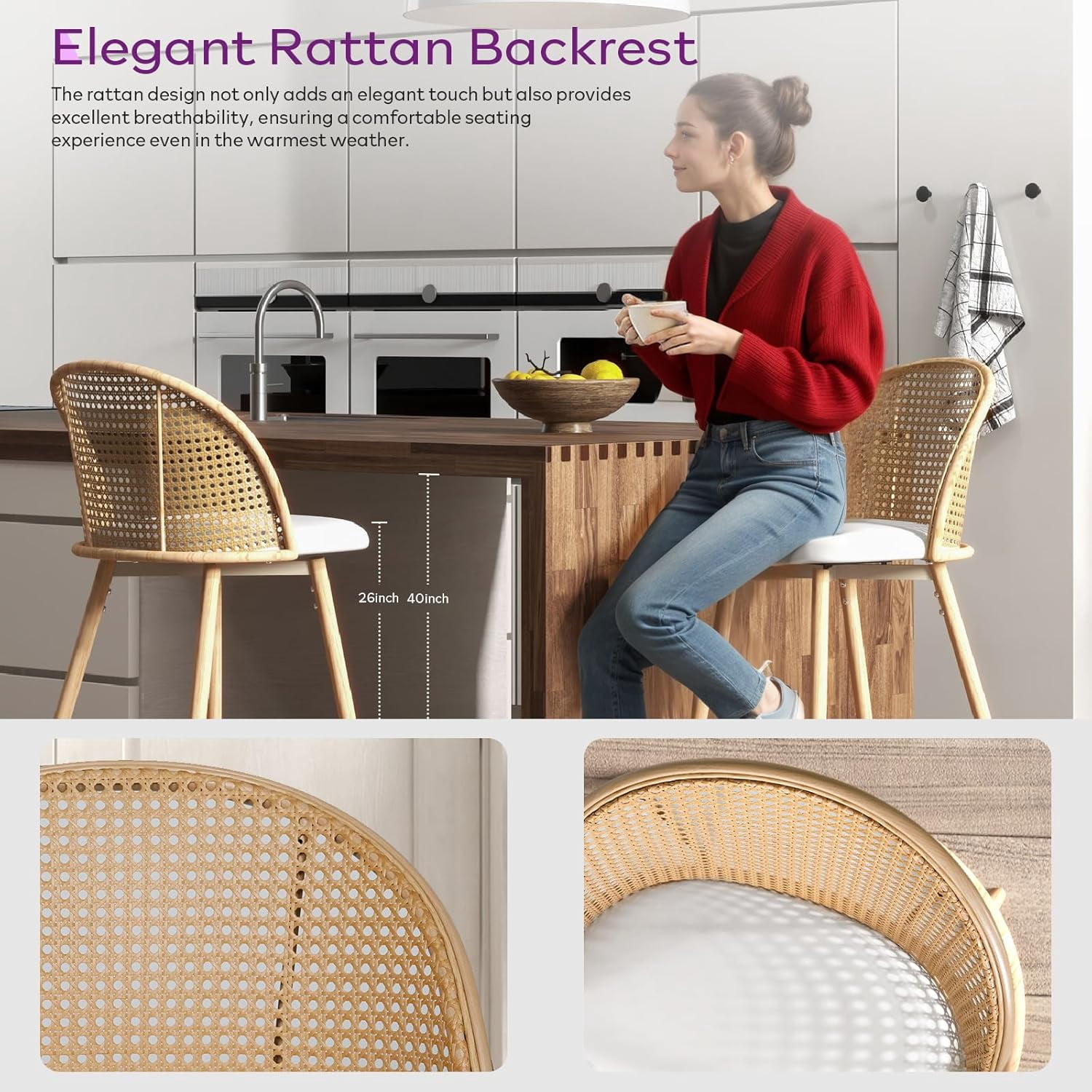 LAZZO 29“ Swivel Bar Stools Set of 2, Boho Rattan Counter Height Bar Chairs for Kitchen Island, White