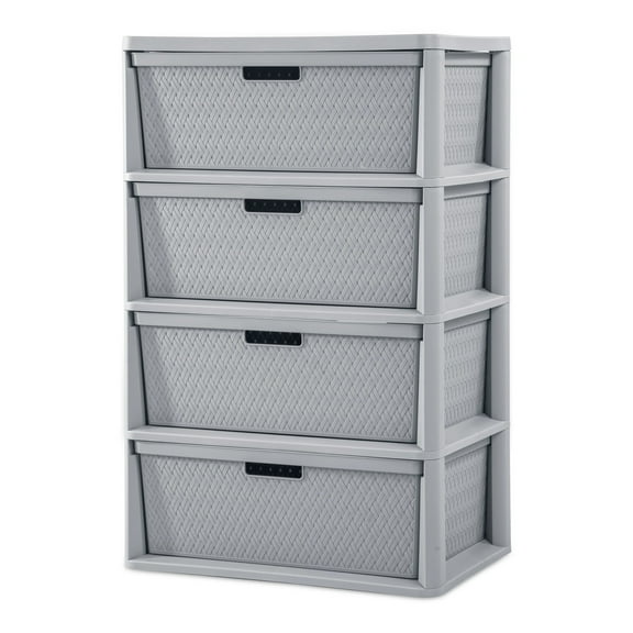 Sterilite Wide 4 Drawer Cross-Weave Tower, Stylish Pattern, Removable Plastic Bins, Easy to Assemble, Light Gray