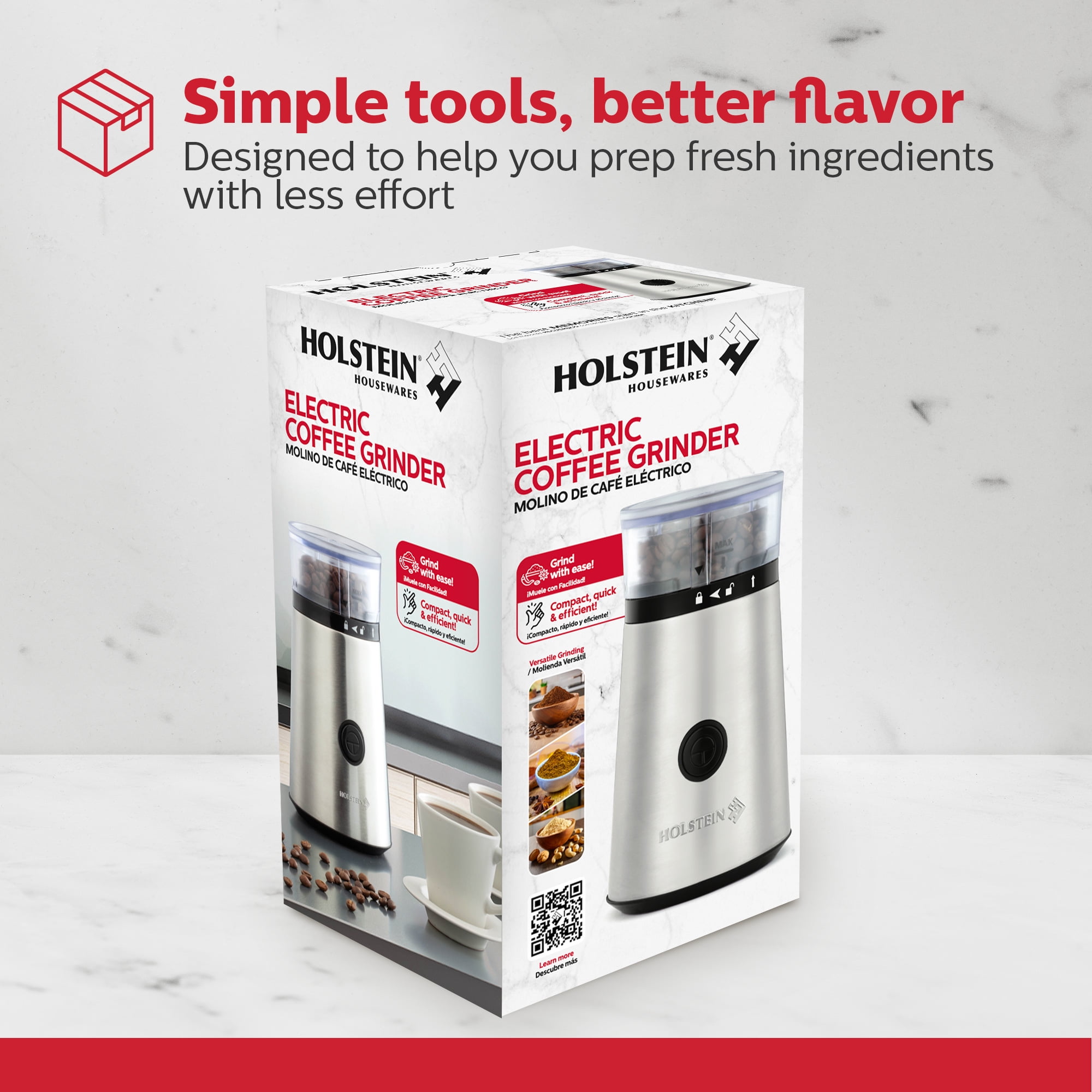 Holstein Housewares Electric Coffee Grinder Featuring a 2.1oz Capacity, Stainless Steel Blades, 150-Watt Motor for Coffee Beans, Nuts, Herbs, Grains, and Spices pulse Function