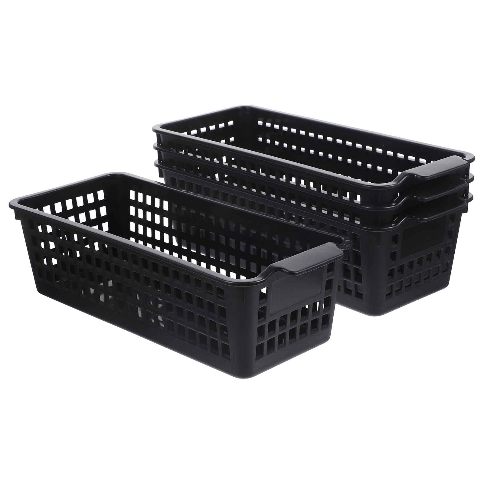 UPOUART Set of 4 Slim Black Storage Baskets with Handles, PP Plastic for Kitchen, Bathroom, Bedroom Organization