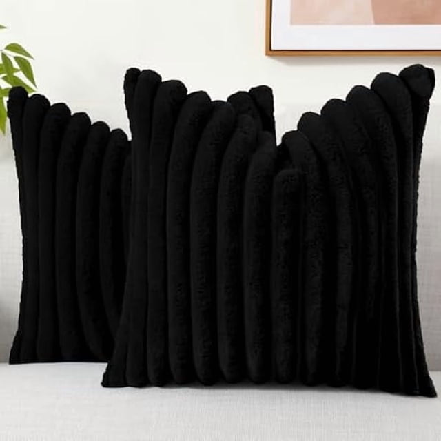 Chenchen Cozy Faux Fur Throw Pillow Covers 18x18 Set of 2 Decorative Soft Plush Striped Modern Farmhouse Boho Couch Pillow Cases with Velvet Back for Sofa Bed Living Room, Black