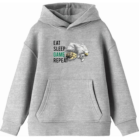 Eat, Sleep, Game, Repeat Youth Heather Gray Long Sleeve Hoodie-Medium