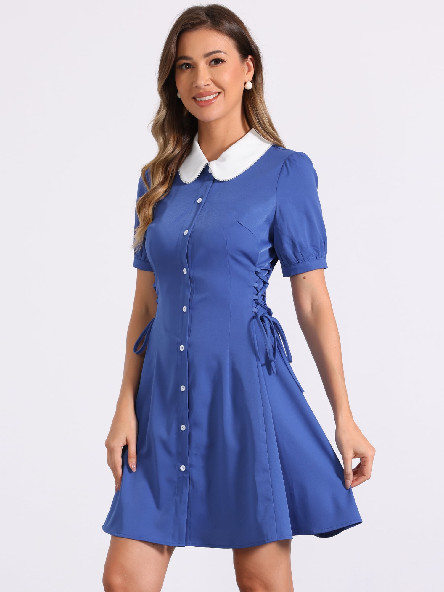 DARING DIVA Women's Contrast Button Down Lace up Dress M Dark Blue