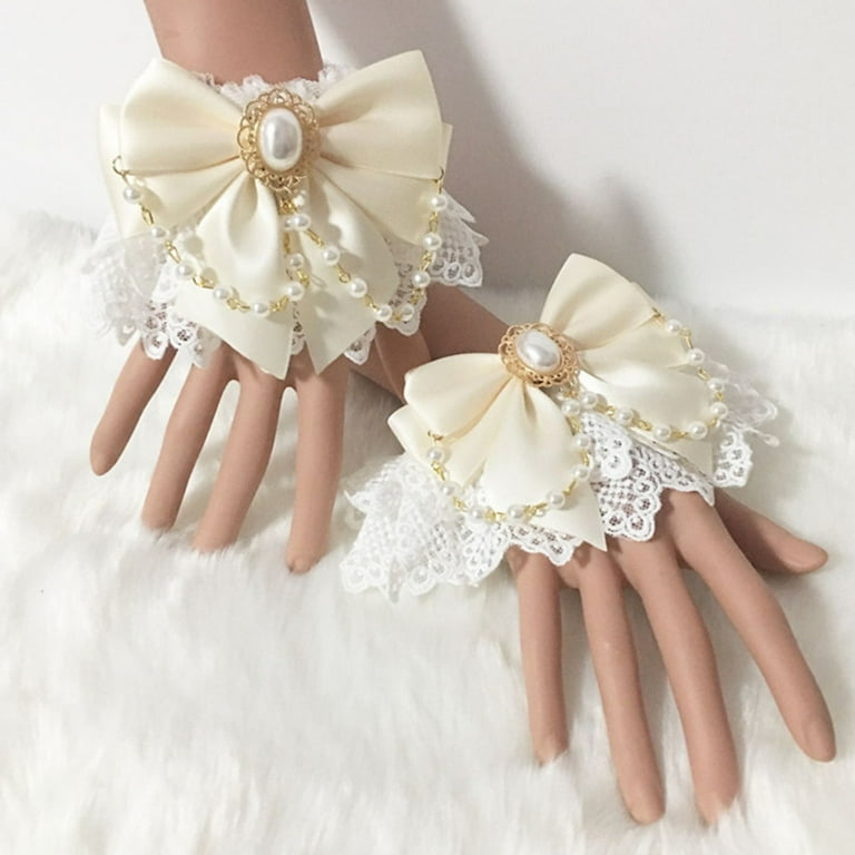 YUUZONE Sweet Lolita Hand Wrist Cuffs Double Layer Floral Lace Bow