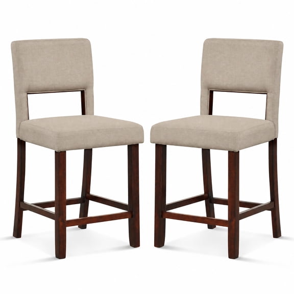 Furnibear Set of 2 Bar Chairs with Hollowed Back and Rubber Wood Legs in Beige