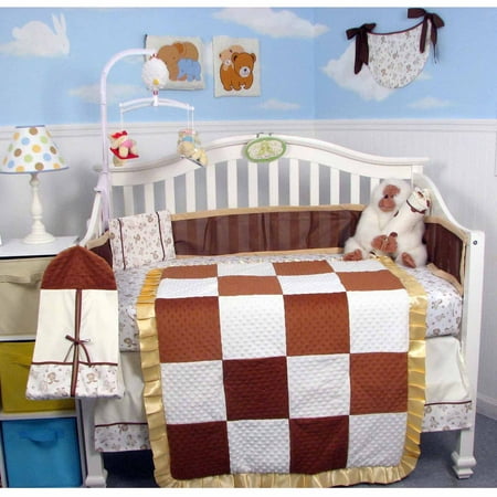 Diaper Crib Set (SoHo Brown Minky Chenelle Baby Crib Nursery Bedding Set 14 pcs included Diaper Bag with Changing Pad & Bottle)