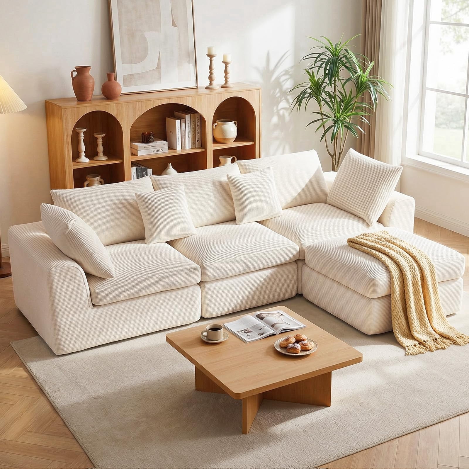 Alupssuc 110" Cloud Sectional Couches for Living Room, L-Shaped Convertible Sofa, 3-Seat Modular Boneless Couch with Movable Ottoman, Beige