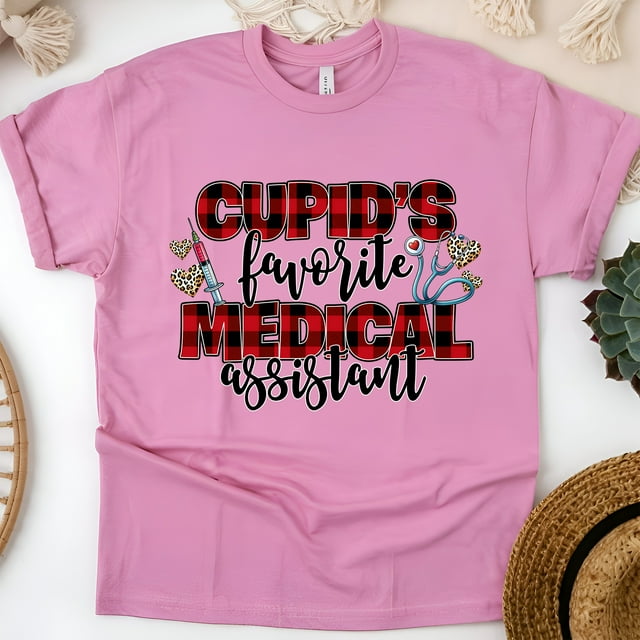 Cupid’s Favorite Medical Assistant Shirt | Plaid Heart MA Tee, Azalea, Size L