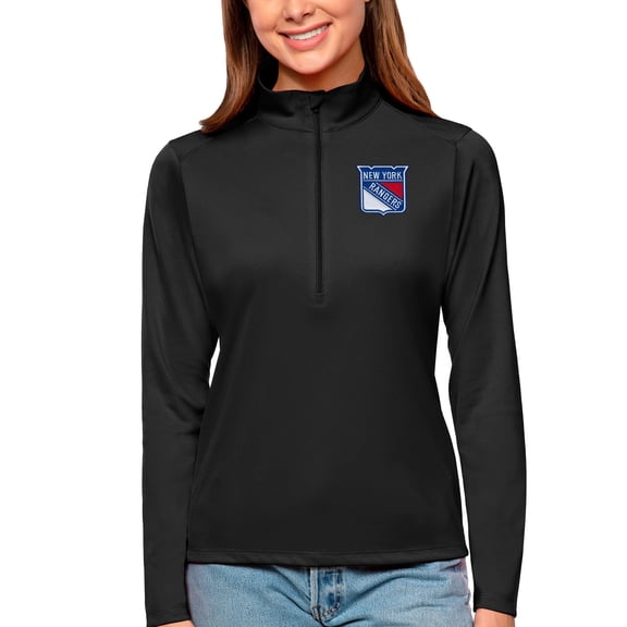 Women's Antigua Black New York Rangers Tribute Quarter-Zip Pullover Top