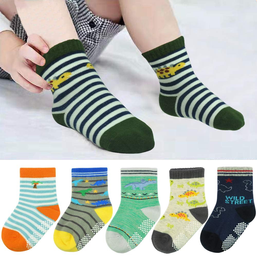 SINOY 5 Pairs Kids Non Slip Skid Socks Grips Sticky Slippery Cotton Crew  Socks For 1-3/3-5/5-8/9-12 Years Old Children Youth Boy Girl L 