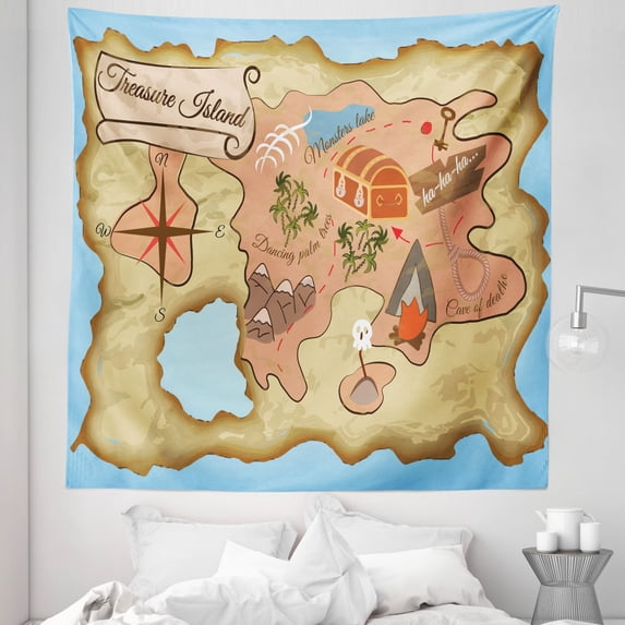 Cartoon Tapestry, Treasure of Tropical Beach Chest Key World Theme Print, Fabric Wall Hanging Decor for Bedroom Living Room Dorm, 5 Sizes, Cream Pink Blue, by Ambesonne