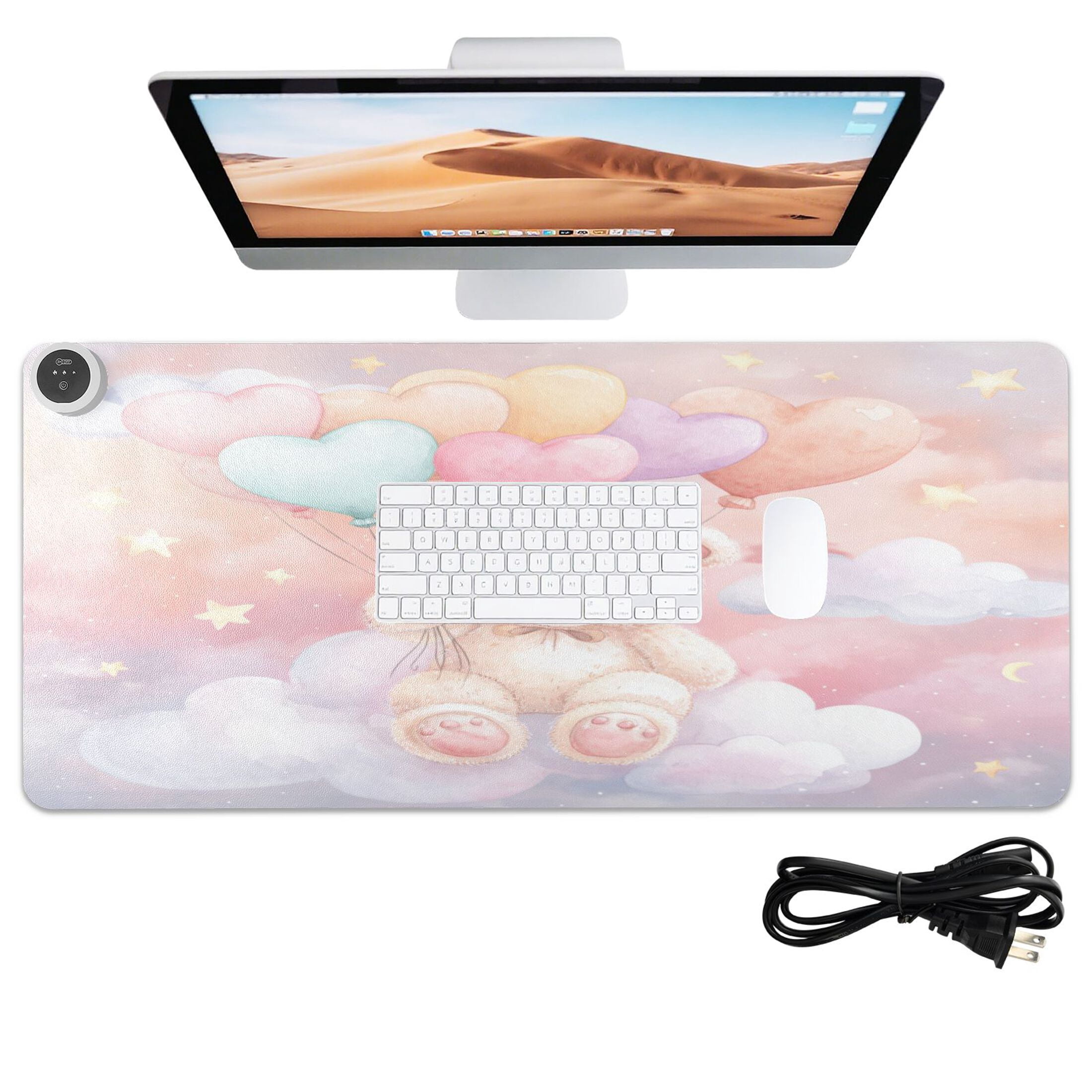 Large Heated Desk Mat Mouse Pad 31.5"x13"PU Leather Graphene Heating Desk Warmer with 3 Temperature Settings 110V US Plug Non-Slip Warm Pad for Home, Office, and Gaming Heart Balloon Teddy Art