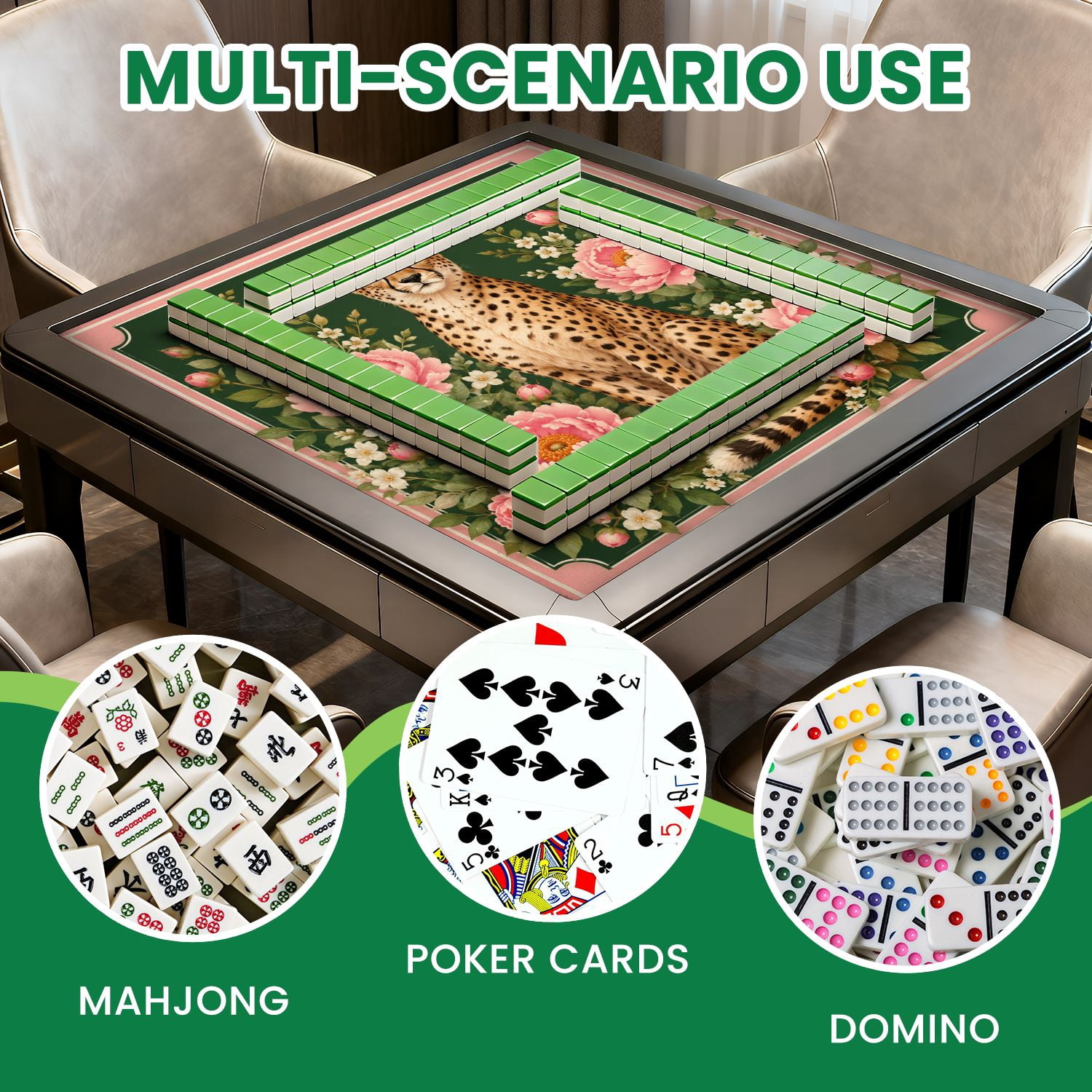 Mahjong Mat 31.5" x 31.5" Leopard Green Eyes Surrounded by Pink Flowers Bees Dark Green Non-Slip Noise Reduction Chic Portable Gaming Table Cover for Family Game Night & Gift
