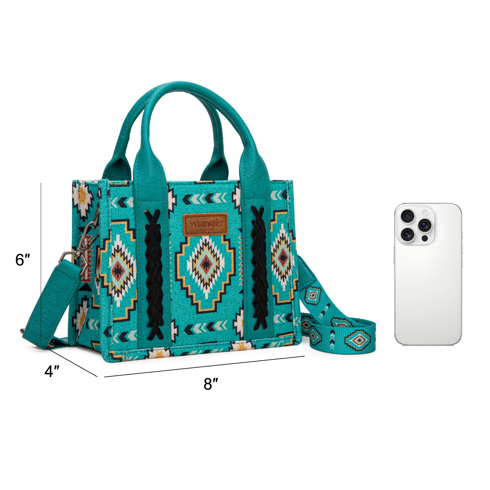 Wrangler Mini Aztec Tote Bag for Women Boho Small Top Handle Purse with Adjustable Strap, Turquoise