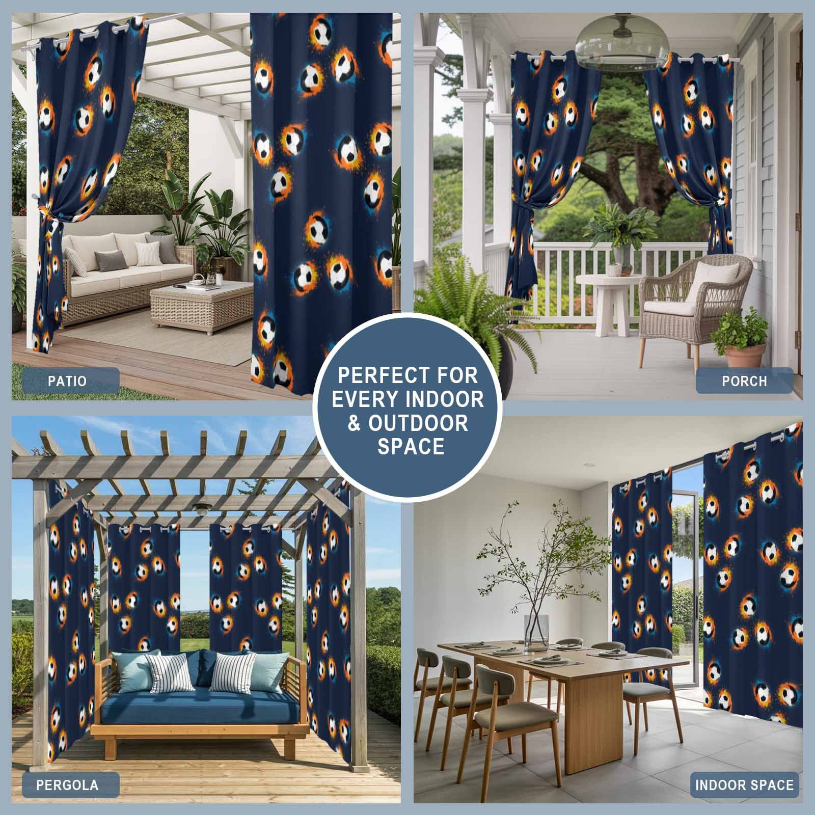 Soccer Ball Outdoor Curtains for Patio, Sports Athletic Black White Soccer Navy Blue Background Sunshade Privacy Drapes Grommet Waterproof Outside Curtains for Porch/Cabana/Balcony 54"x 108", 1 Panel