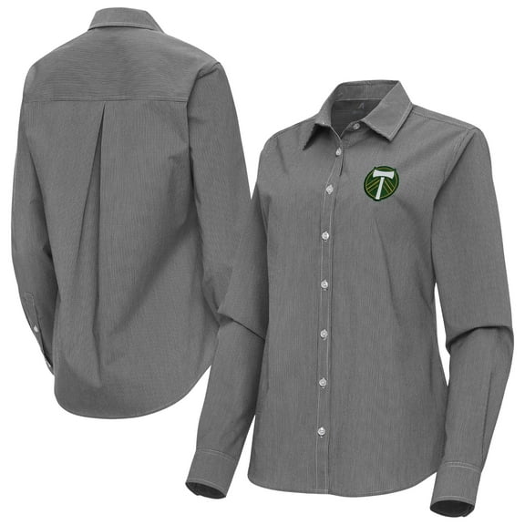 Women's Antigua Black Portland Timbers Porter Woven Tri-Blend Long Sleeve Button-Up Shirt