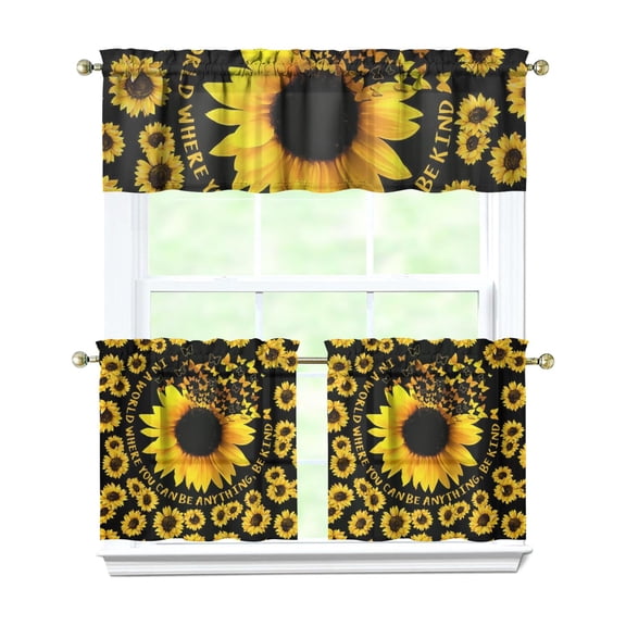 Farmhouse Sunflower Kitchen Curtains Set - 3 Piece Boho Floral Tier & Valance, Rustic Yellow Rod Pocket Window Panels, Country Caf Curtains
