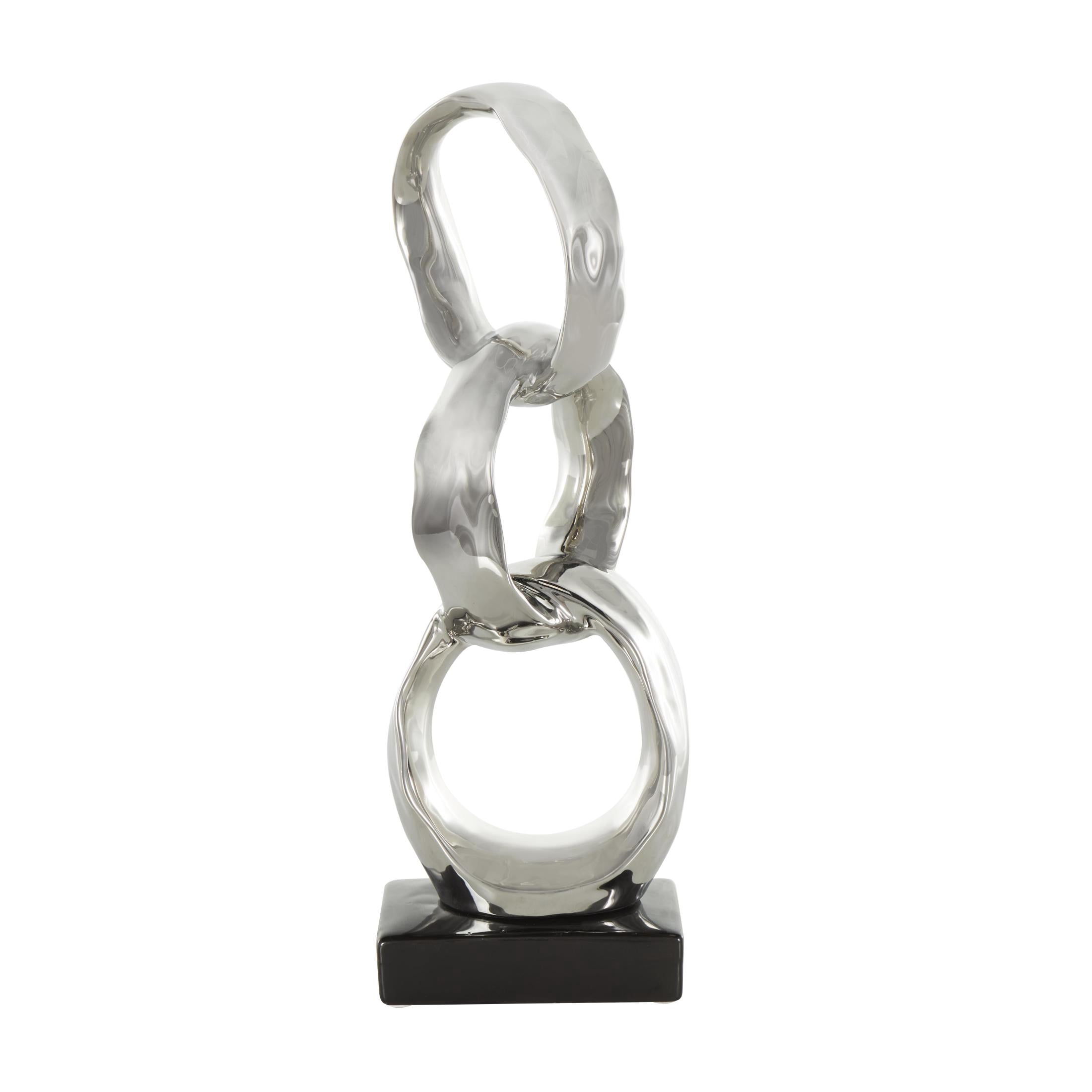 5" x 15" Silver Ceramic Interlocked Ring Abstract Sculpture with Black Base, by DecMode