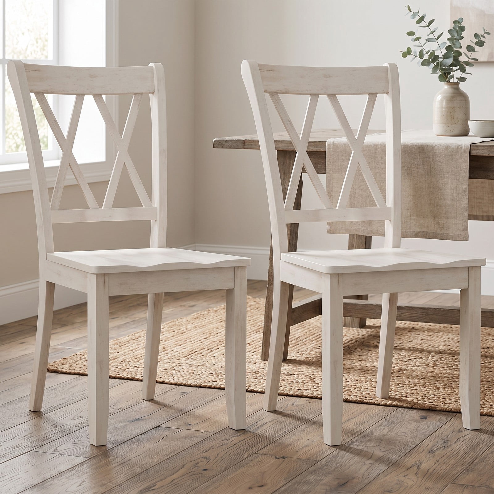 Furnibear Set of 2 Wooden Dining Chairs, Mid Century Modern Farmhouse Kitchen Side Chairs with High Backrest and Rubber Wood Frame for Dining Room, White