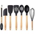 thumbnail image 1 of Collection 7 Piece Kitchen Utensil Set- Stainless Steel and Silicone Kitchen Tools with Wooden Handles- (Black), 1 of 5