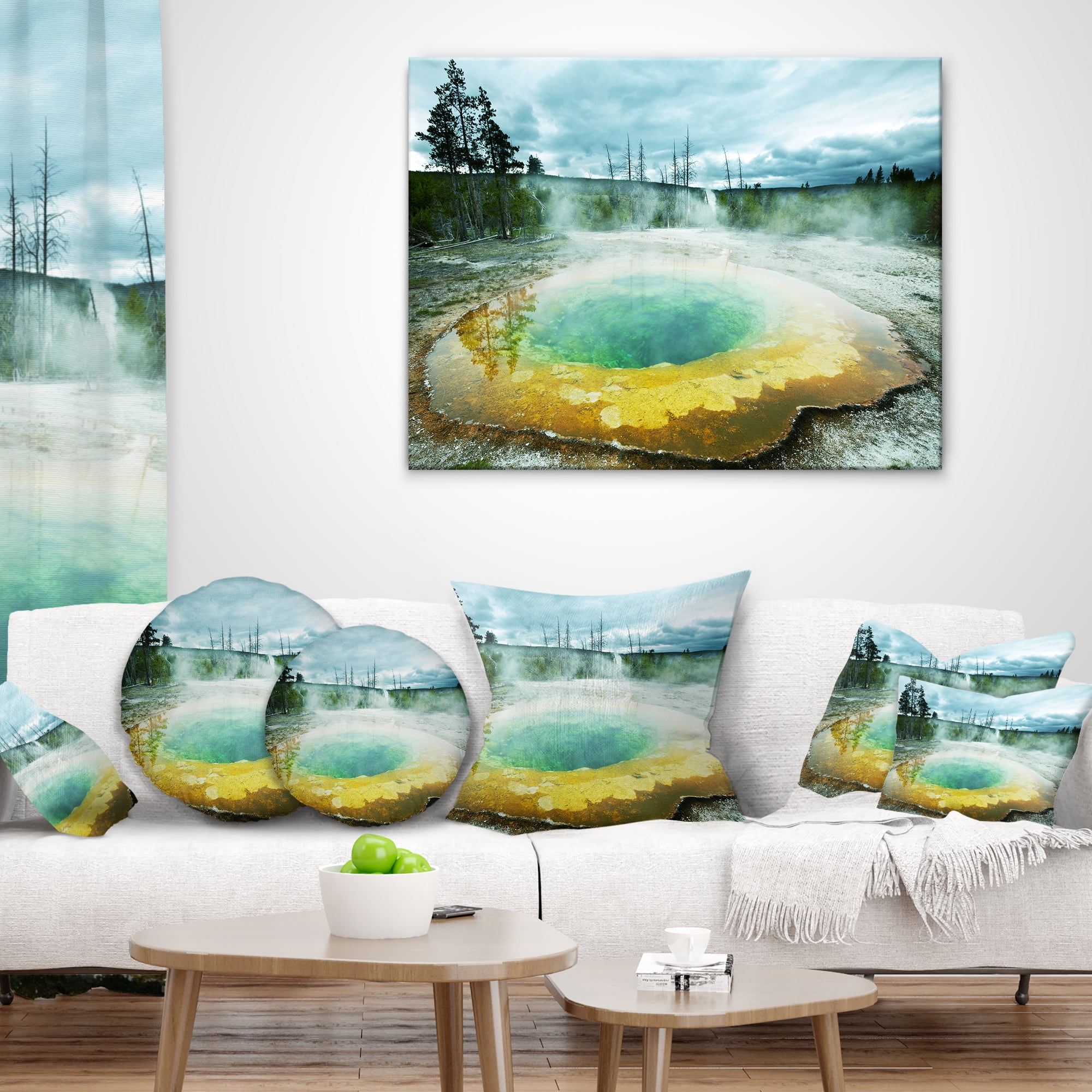 Designart Morning Glory Pool Under Clouds - Landscape Photography Throw Pillow - 18x18