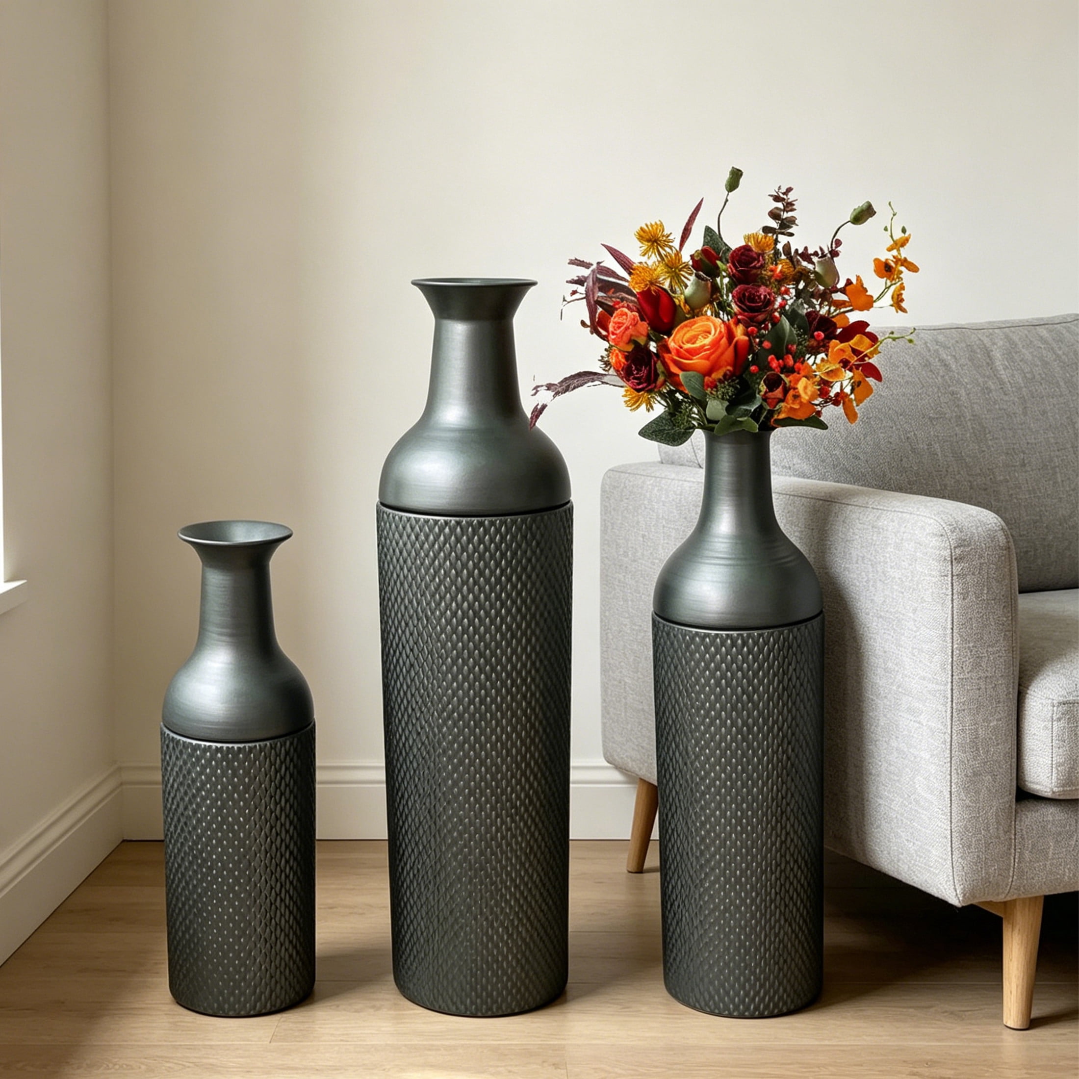 Noble House Set of 3 Decorative Metal Floor Vases, Tall Mesh Textured Vases for Home Decor, Black