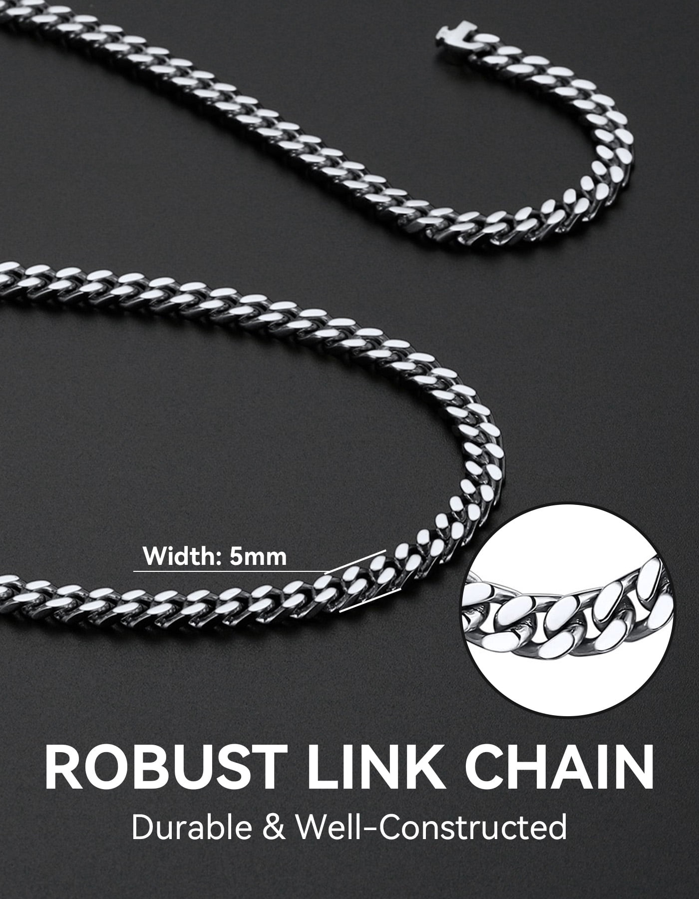 ChainsHouse Mens Silver Necklaces Stainless Steel Miami Cuban Link Chain Necklace for Men 5mm Chains Jewelry Gift for Him Boyfriend Husband Father Son, 22"