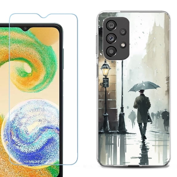 Shockproof Fashion Phone Case for Samsung Galaxy A23 5G, with Tempered Glass Screen Protector, by OneToughShield ® - City in the rain
