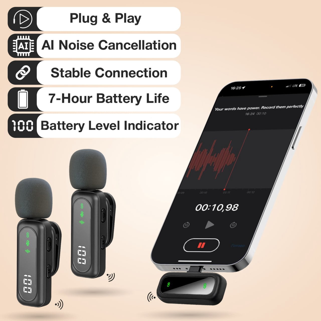 Wireless Lavalier Microphone for iPhone Mini Mic Android/Tablet/PC Video Recording Clip-on Mics with Rotatable Clip&Denoise Recording, Ideal for Vlog Tiktok Youtube Podcast Content Creator