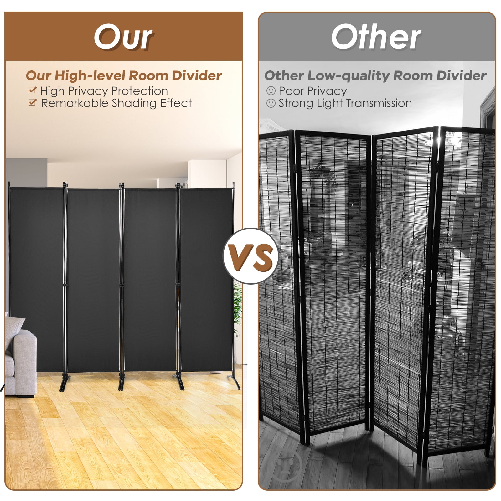 Patiojoy 5.6Ft Tall Folding Room Divider Freestanding 4-Panel Privacy Screen w/Iron Frame Black