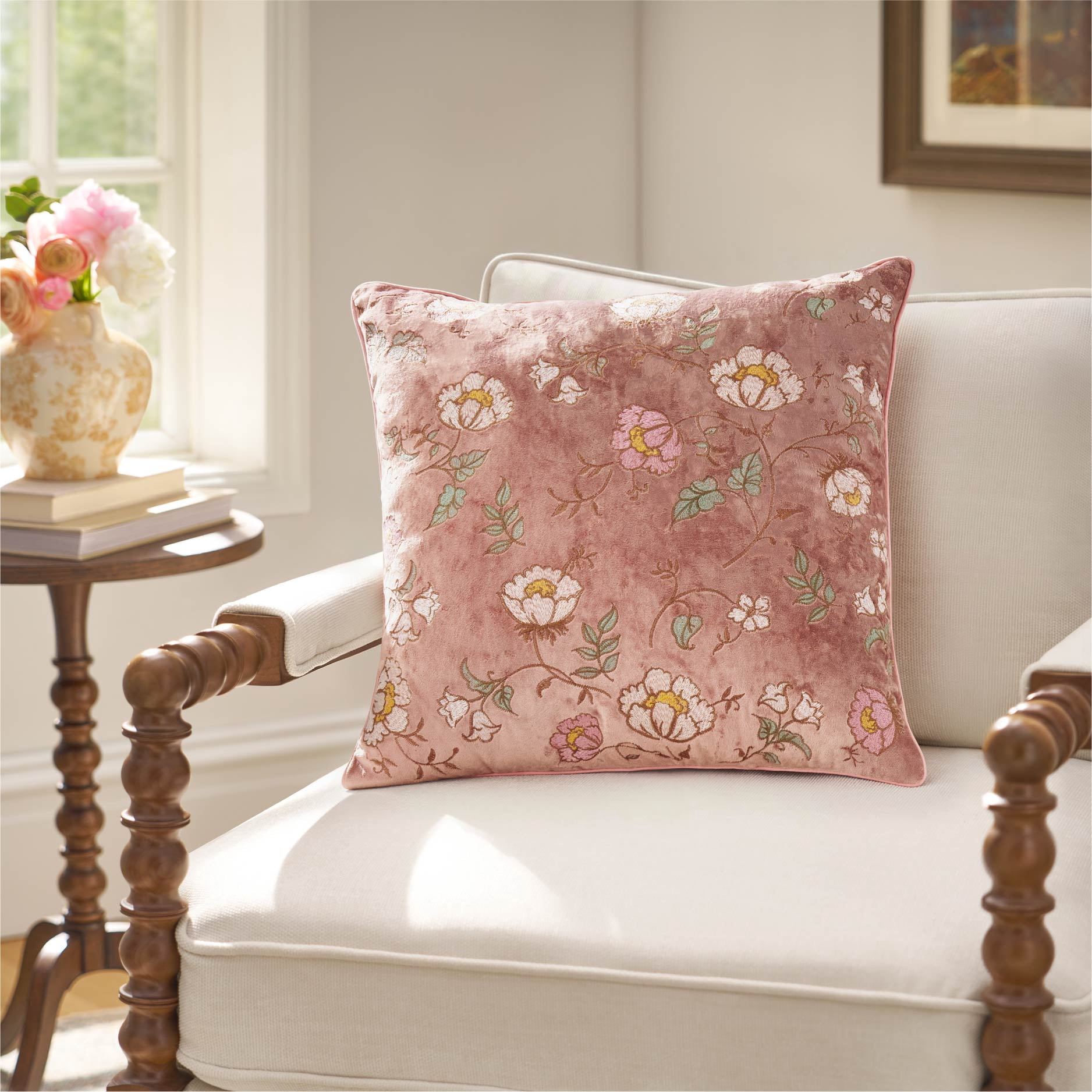 The Pioneer Woman Velvet Embroidered Floral Pink Decorative Pillow, 18" x 18"
