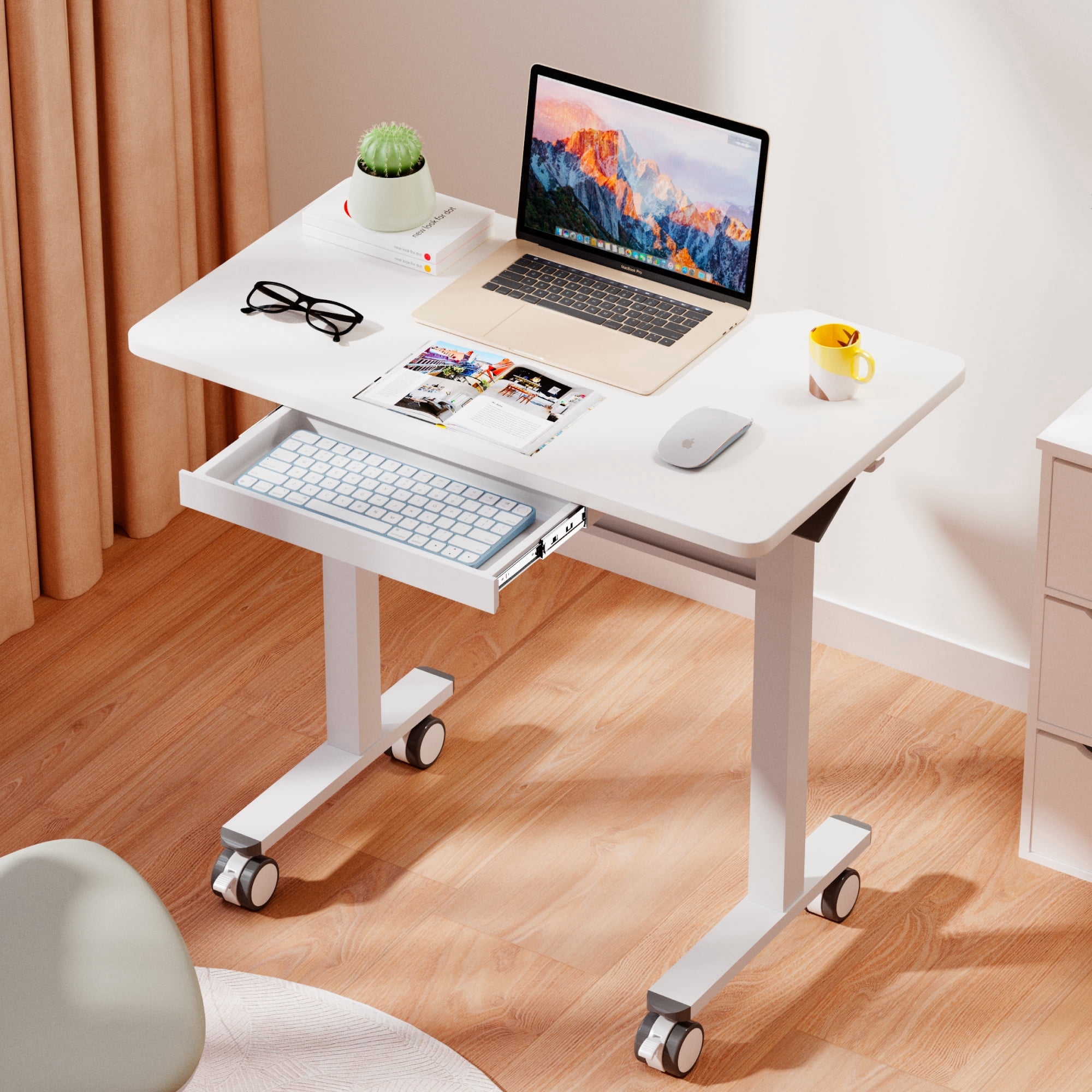 WHIFEA Mobile Standing Rolling Desk – White Sit Stand Up Desk with Drawer, Pneumatic Height Adjustment, Lockable Wheels, Adjustable Home Office Desk for Computer & Walking Pad