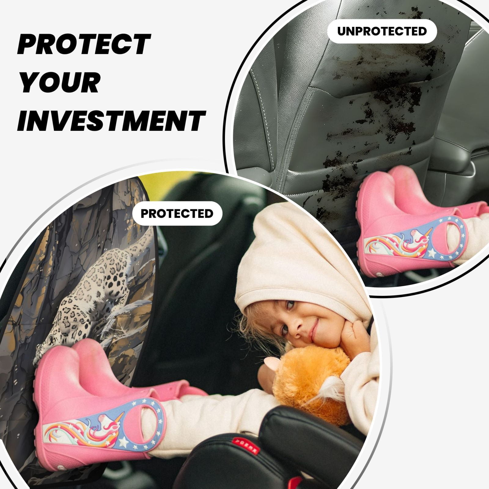 Kdxio Graceful Snow Leopard Print 2 Pack Car Kick Mat Seat Cover Back Protector Mat with Pockets for Organizer Backseat Protector and Storage Anti Kick Pad for Vehicles