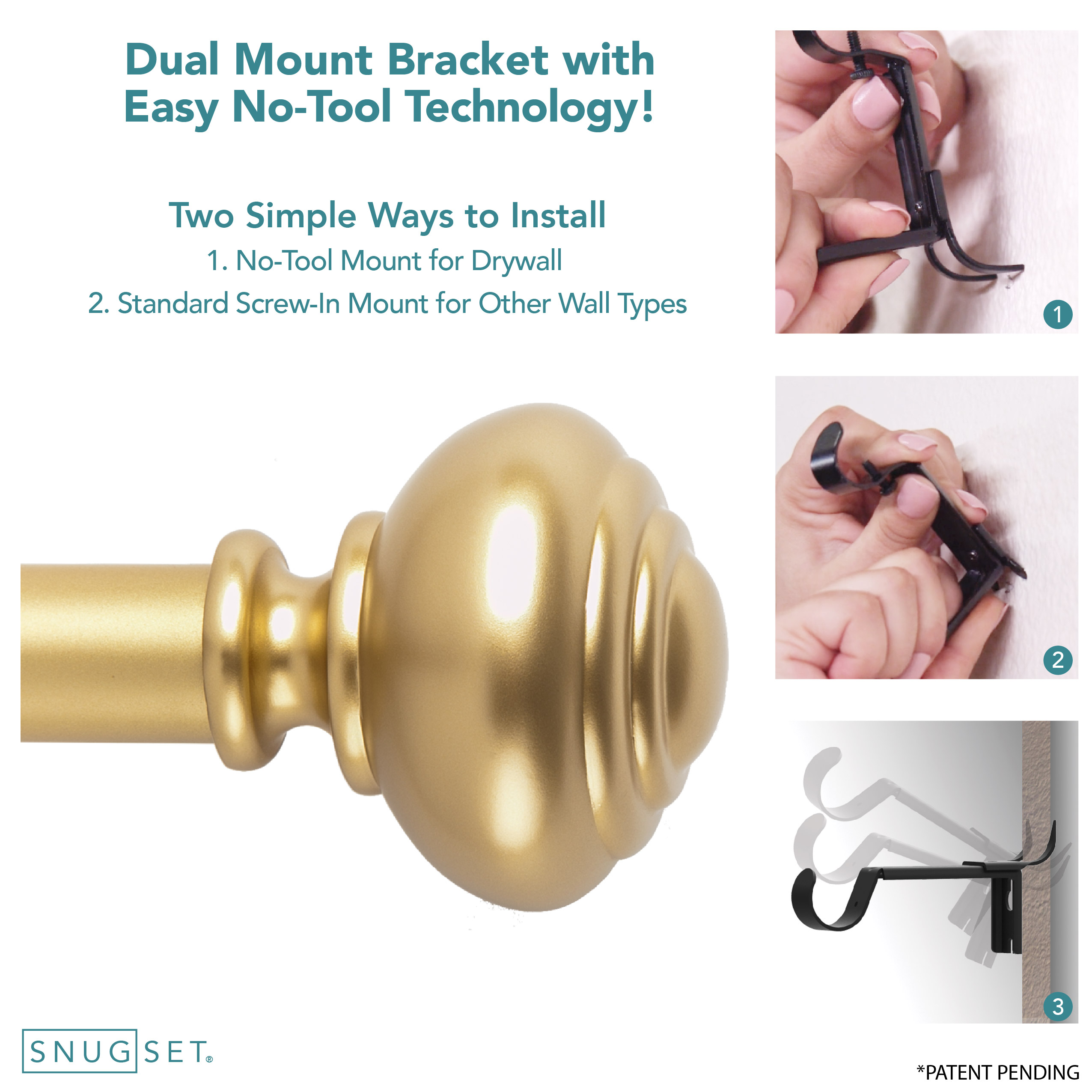 SnugSet | Easy NO DRILL Install | 36-72' Curtain Rod| 1' Wide Ultra Sturdy Drapery Rod | 3 Brackets for NO SAG Middle Support | Traditional Gold Knob Urn Finials