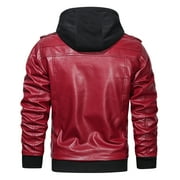 Hood Crew Mens Pu Faux Leather Jacket with Removable Hood Red XL