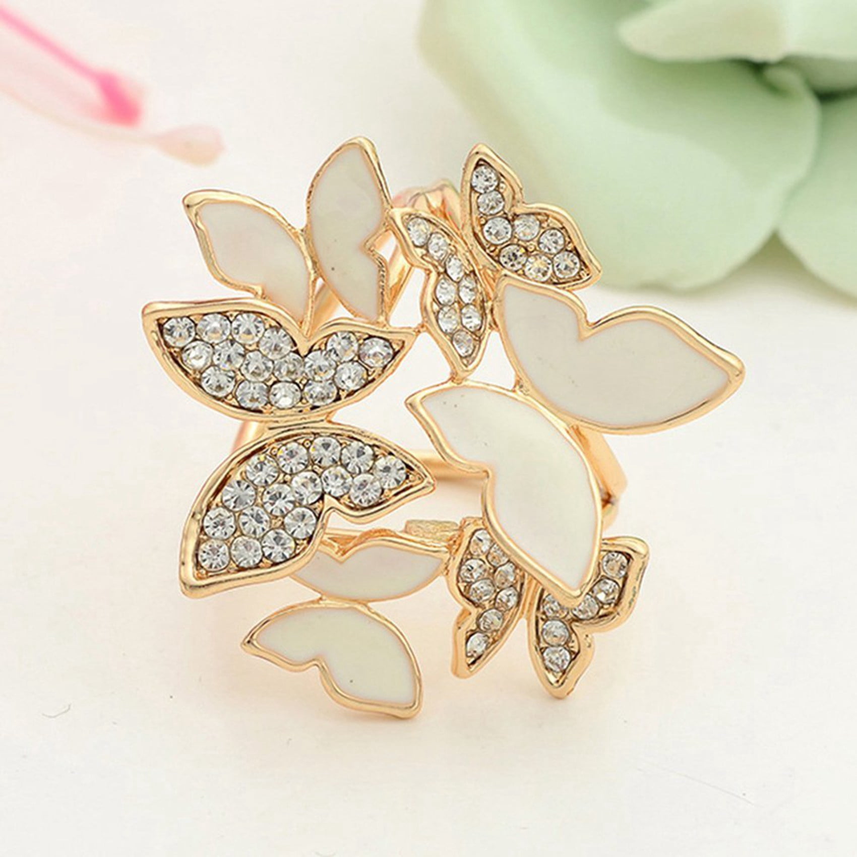 Elegant 3 Rings Butterfly Scarf Ring Silk Scarf Buckle Clip with Natural Shell Flower Glass Crystal Brooch Gold