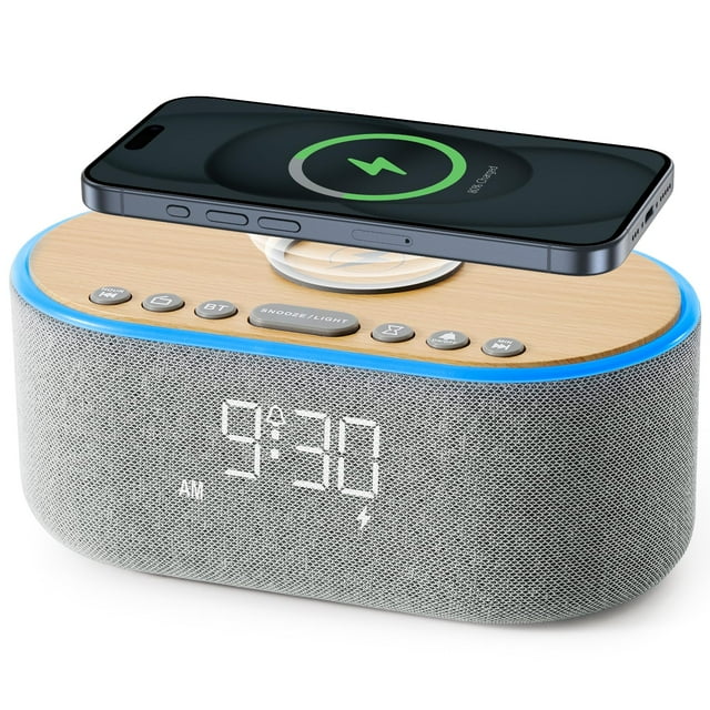 Despertador, radio FM, Bluetooth, cargador inalámbrico, estéreo de 10 W