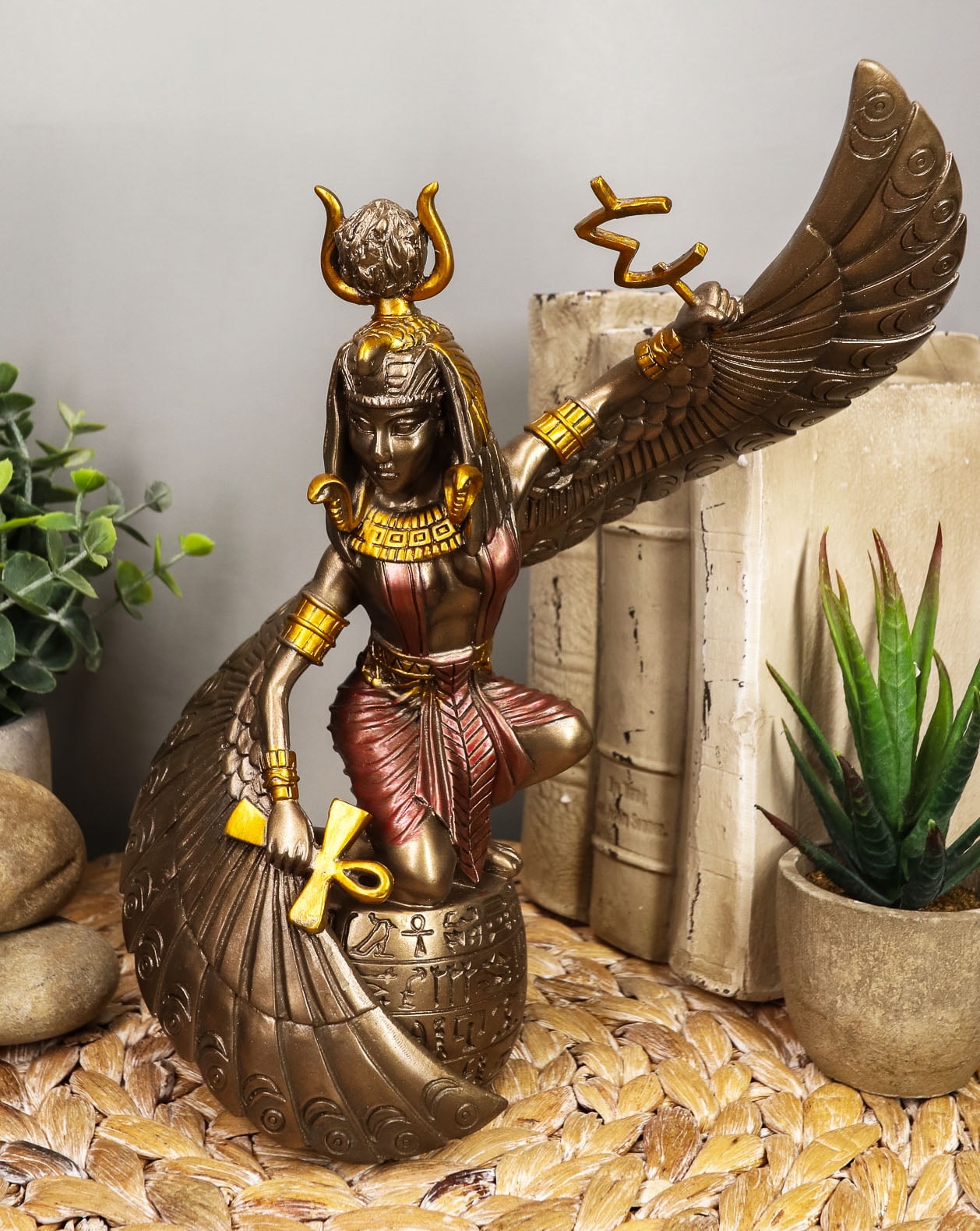 Bronze Color Egyptian Goddess Isis w Lotus Shield Lady Deity Figurine Statue 