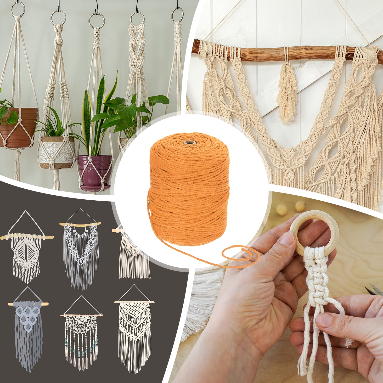 Uxcell Natural Macrame Cord 3mm x 328 Yards 4 Strand Twisted Cotton Macrame Rope for DIY Knitting Plant Wall Hanger Dreamcatcher, Golden Yellow