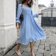 thumbnail image 3 of Vestido plisado de manga acampanada, cuello ancho, cintura alta, línea A, vestido largo de primavera para uso diario y en el trabajo, 3 of 6
