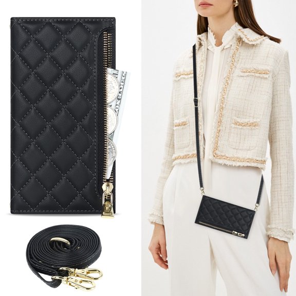 Decase for iPhone 14 Pro Max Case Wallet for Women, Slim Fit Leather Magnetic Flip Zipper Handbag Purse Case with Card Slot Holder Crossbody Shoulder Strap Stand 6.7 Inch, Black