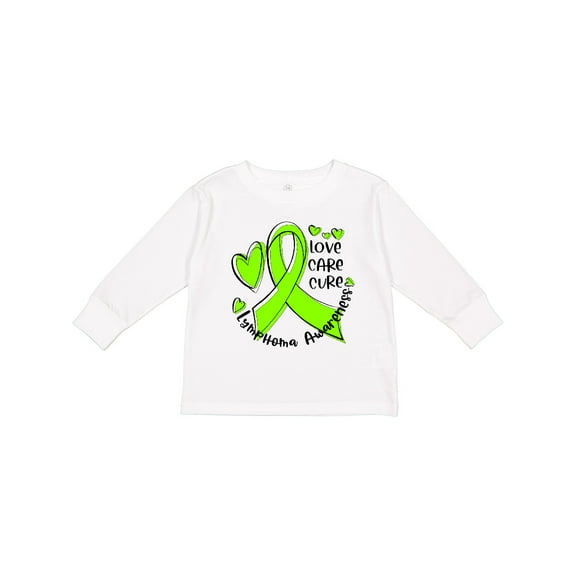 Inktastic Love, Care, Cure Lymphoma Awareness Lime Green Ribbon Hearts Boys or Girls Long Sleeve Toddler T-Shirt